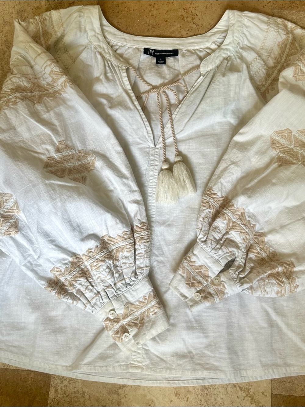 INC International Concepts White Blouse with Tan Embroidery and Tassel Tie